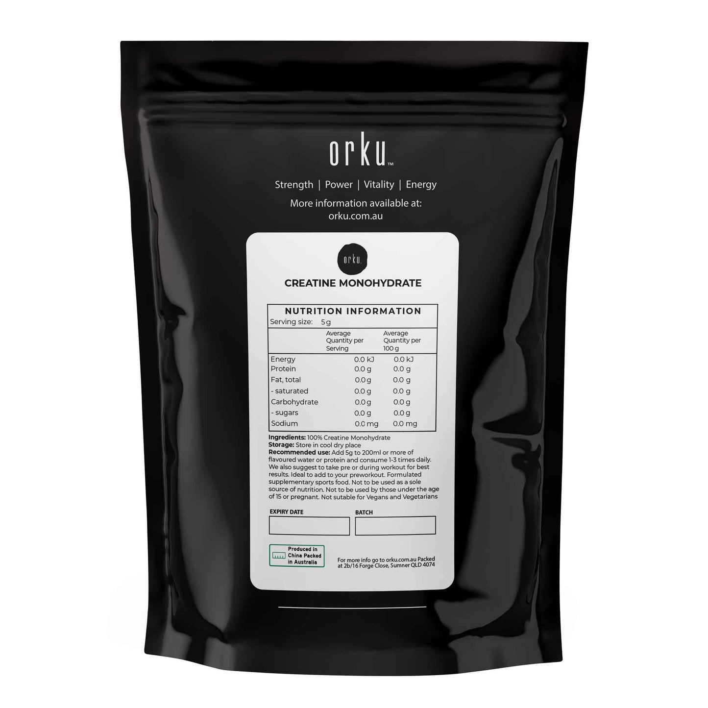 Orku 1Kg Creatine Monohydrate Powder – 200 Mesh Micronised | 99.9% Purity