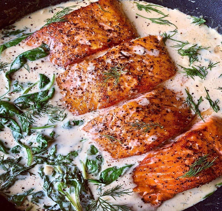 Pan Seared Salmon in a Mustard Dill Cream Sauce with Spinach