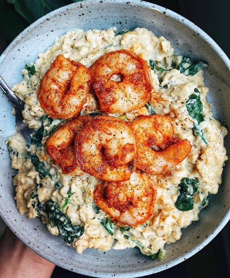 Spinach Lemon Cauliflower Risotto with Garlic Prawns