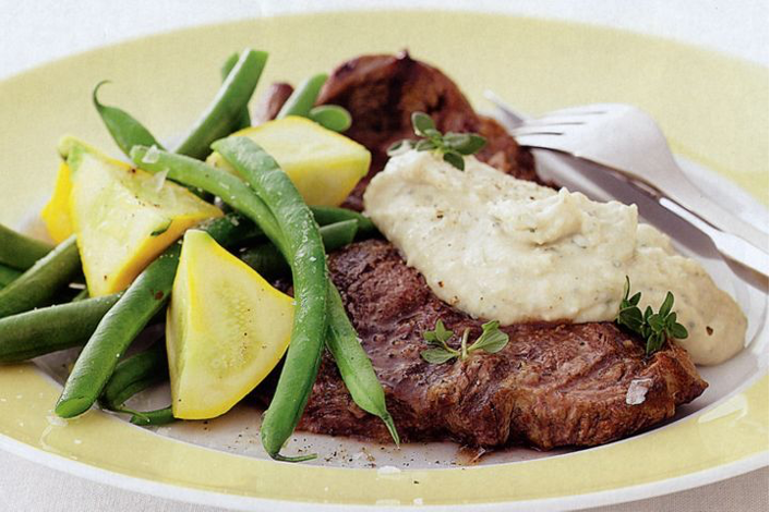 Barbecued Steak with Lime and Garlic Bean Puree