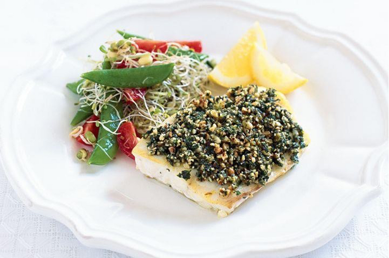 Hazelnut Crusted Fish with Sugar Snap & Sprout Salad