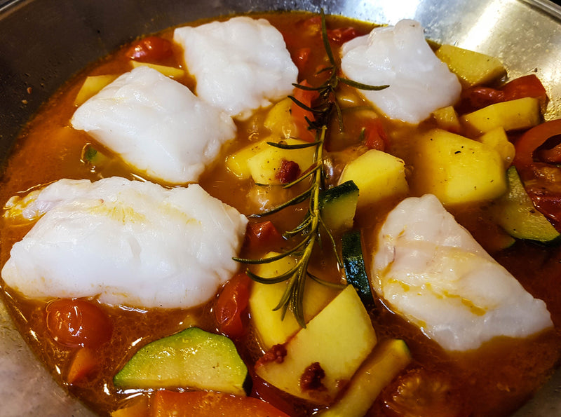 Poached Barramundi, Zucchini and Potato Ragu