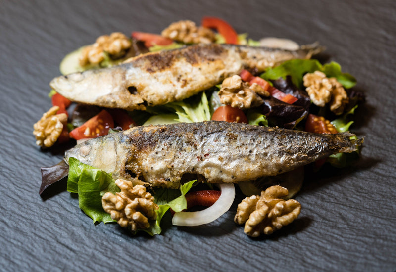 Grilled Sardines with Walnut and Olive Salad