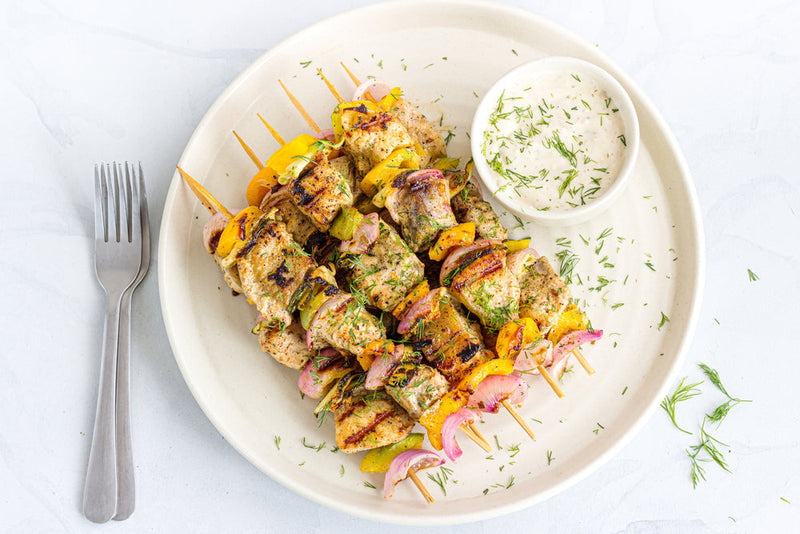 BBQ Marlin and Vegetable Skewers with Dill Yogurt Dip
