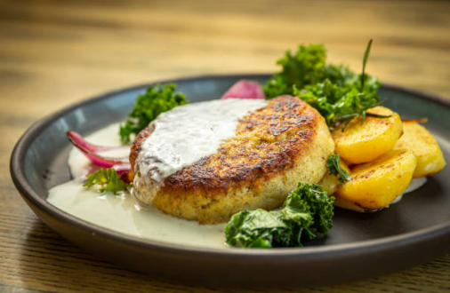 Cod and Prawn Fish Cakes with Lemon Sauce, Kale and Potatoes