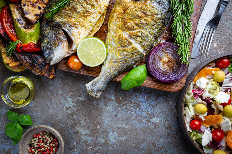 Baked Sea Bream, Grilled Vegetables, Feta and Orange Salad