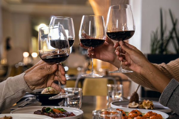 Person holding clear wine glass with red wine