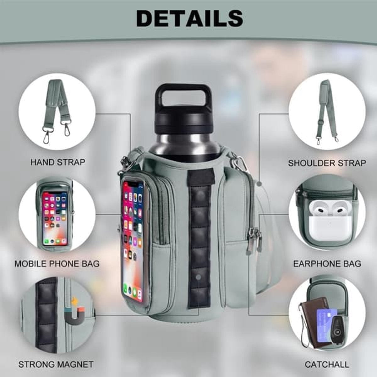 Magnetic Sports Bag with Adjustable Shoulder Strap - Includes Water Bottle Holder and Pocket - for Sports, Workouts, Travel & Work（Blue）