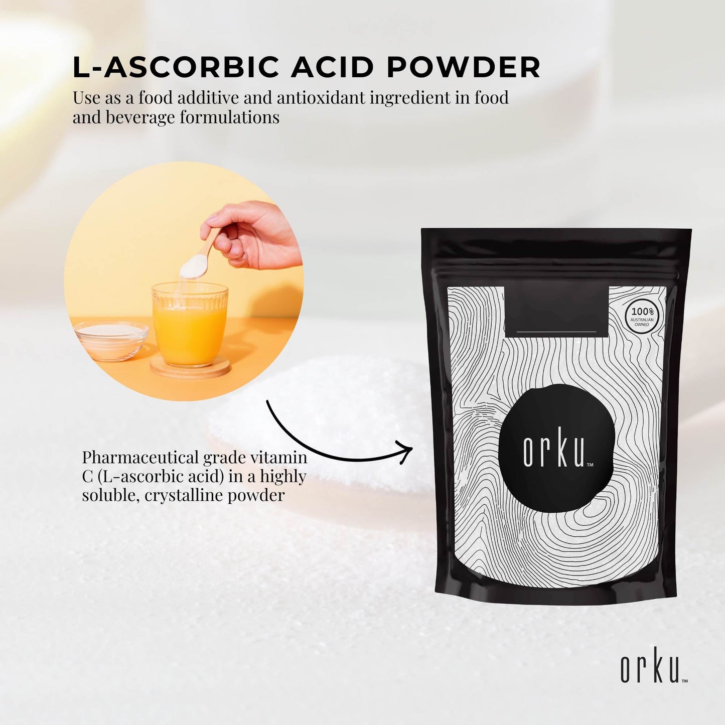 Orku 10g Vitamin C Powder Pure L-Ascorbic Acid - USP Grade Non-GMO