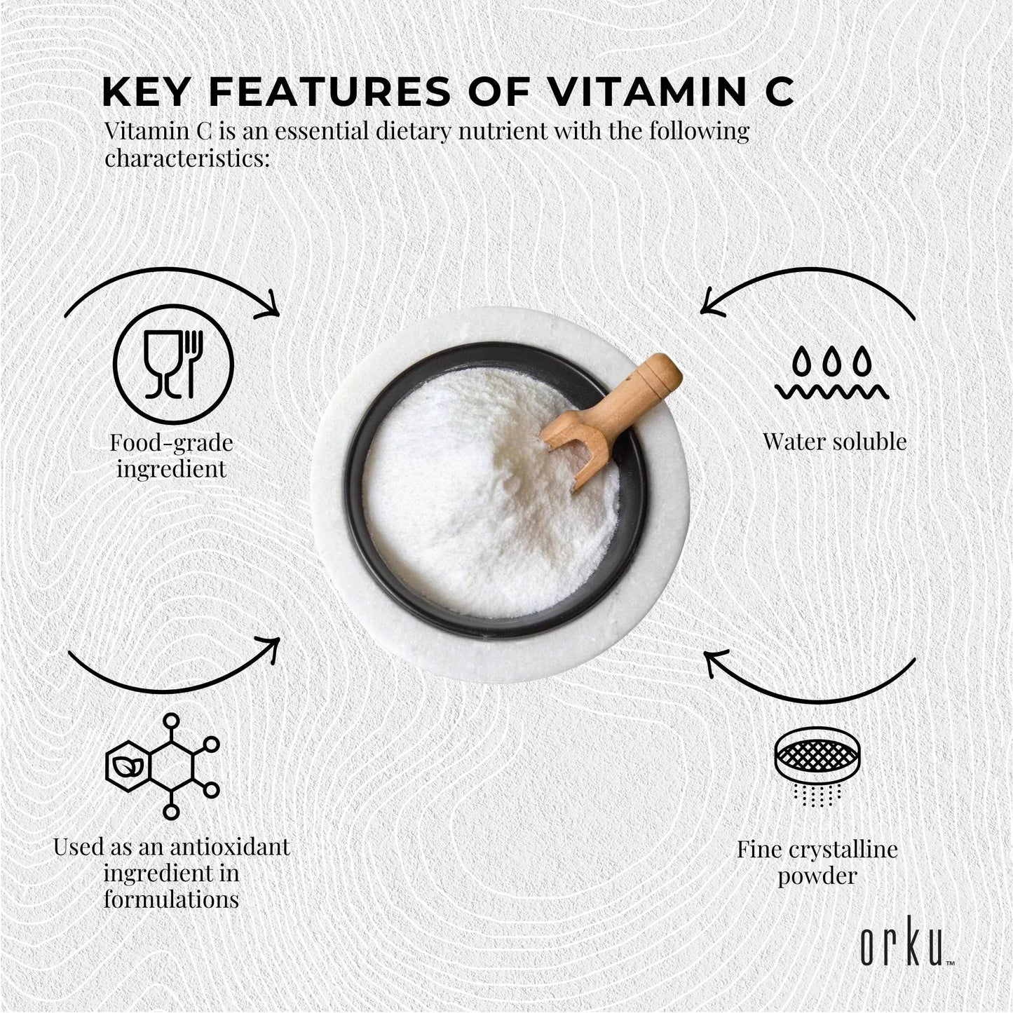 Orku 10g Vitamin C Powder Pure L-Ascorbic Acid - USP Grade Non-GMO
