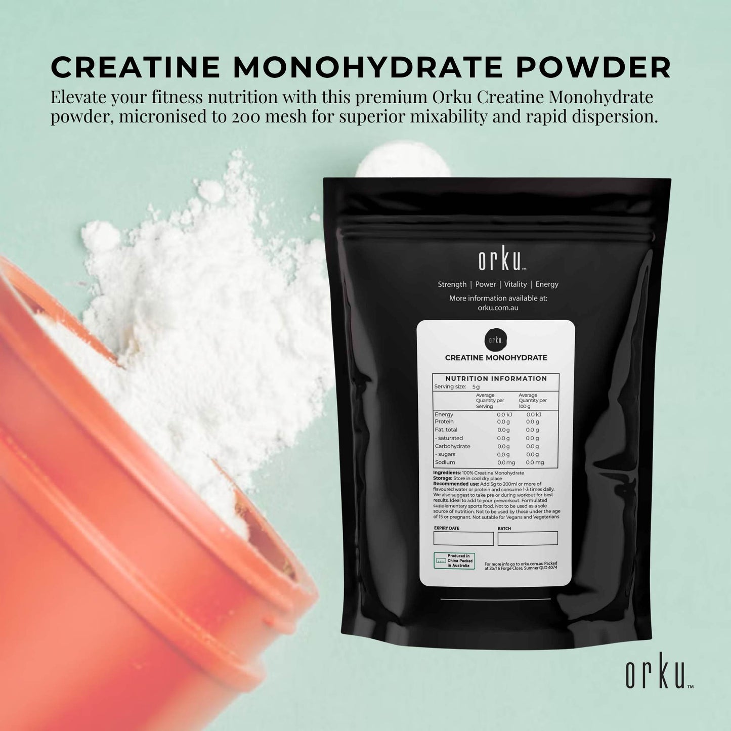 Orku 100g Creatine Monohydrate Powder – 200 Mesh Micronised | 99.9% Purity