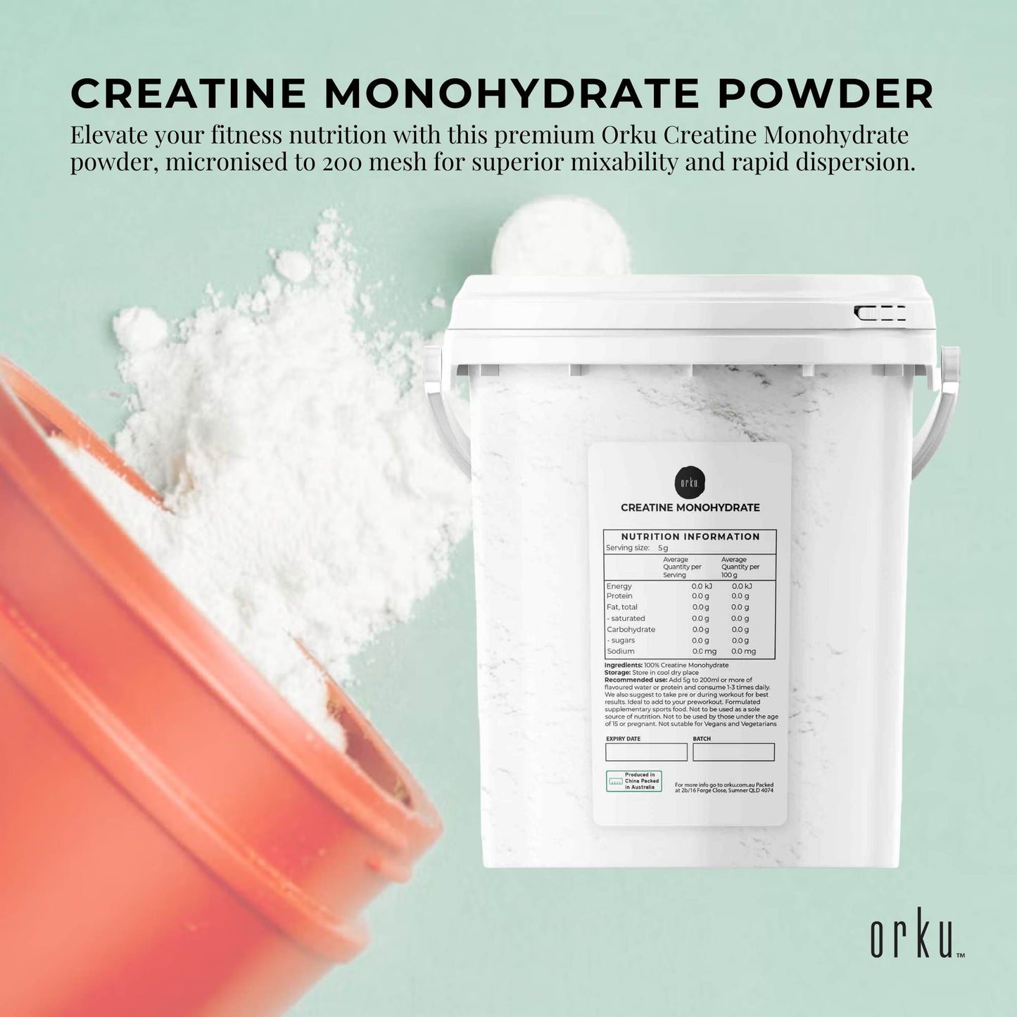 Orku 800g Creatine Monohydrate Powder Tub – 200 Mesh Micronised | 99.9% Purity