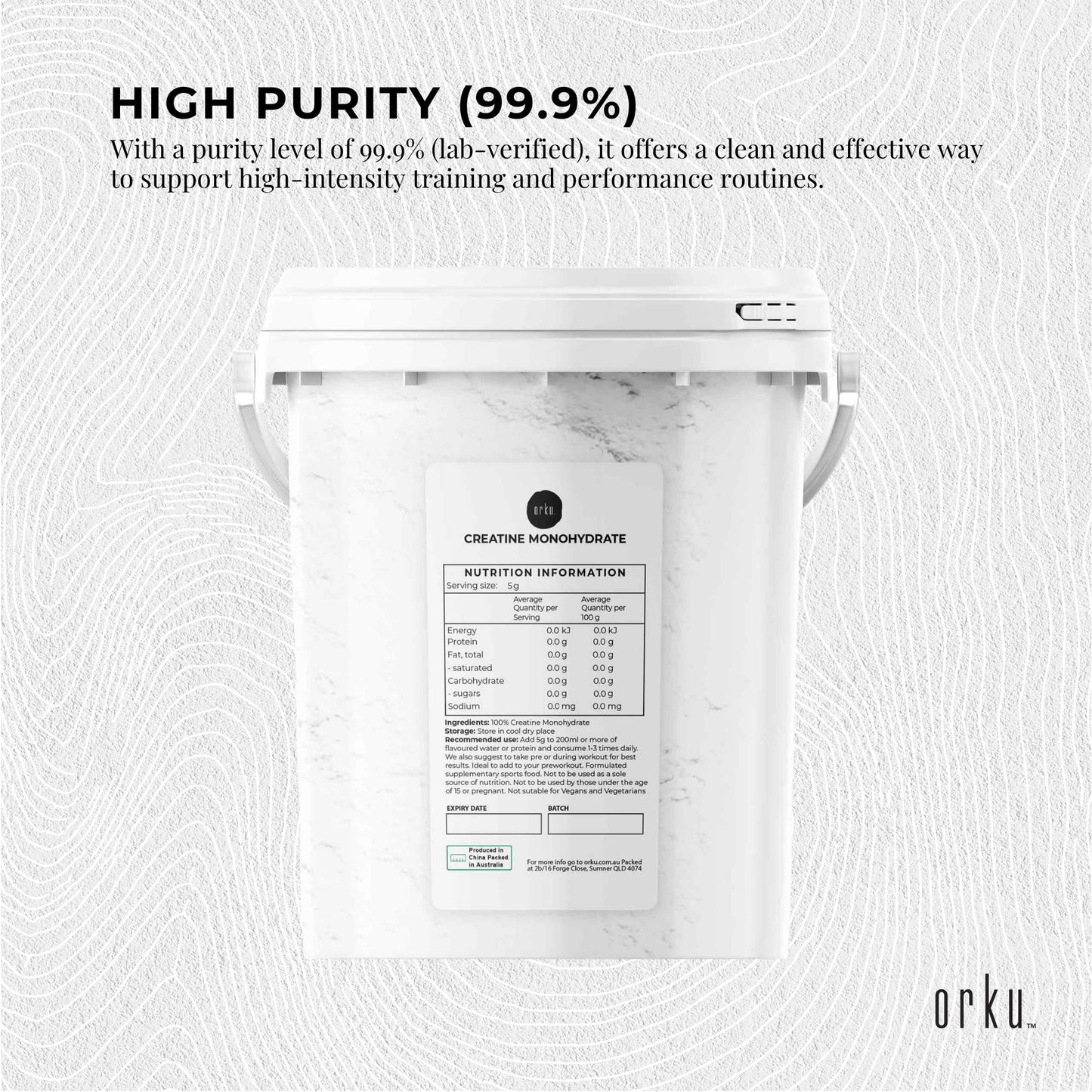 Orku 800g Creatine Monohydrate Powder Tub – 200 Mesh Micronised | 99.9% Purity