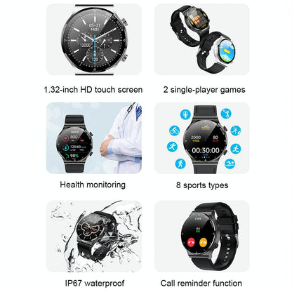 1.32 Inch Heart Rate Sleep Monitoring Smart Watch - Black Leather